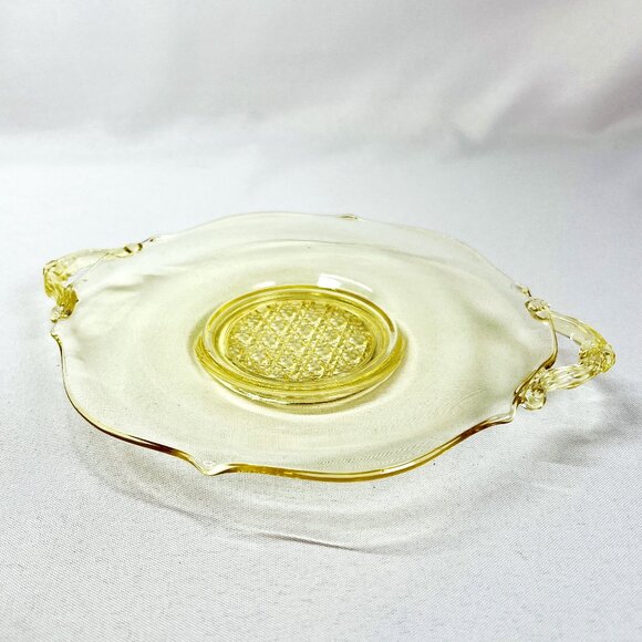 Lancaster Landrum Cane Topaz Two Handle Plate Lemon Yellow Vintage Glass - Picture 1 of 7